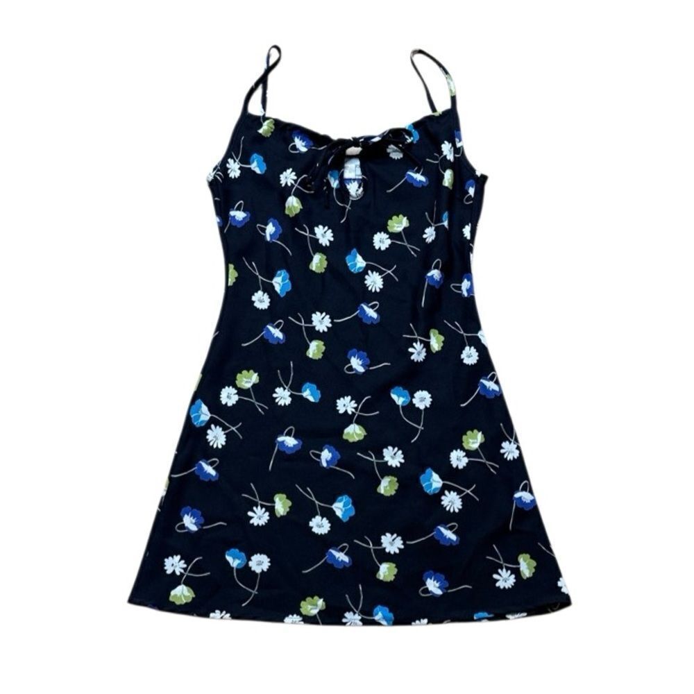 90s Y2K Vintage Black Floral Mini Dress Peek A Boo Scoop Neck M Collection Small
